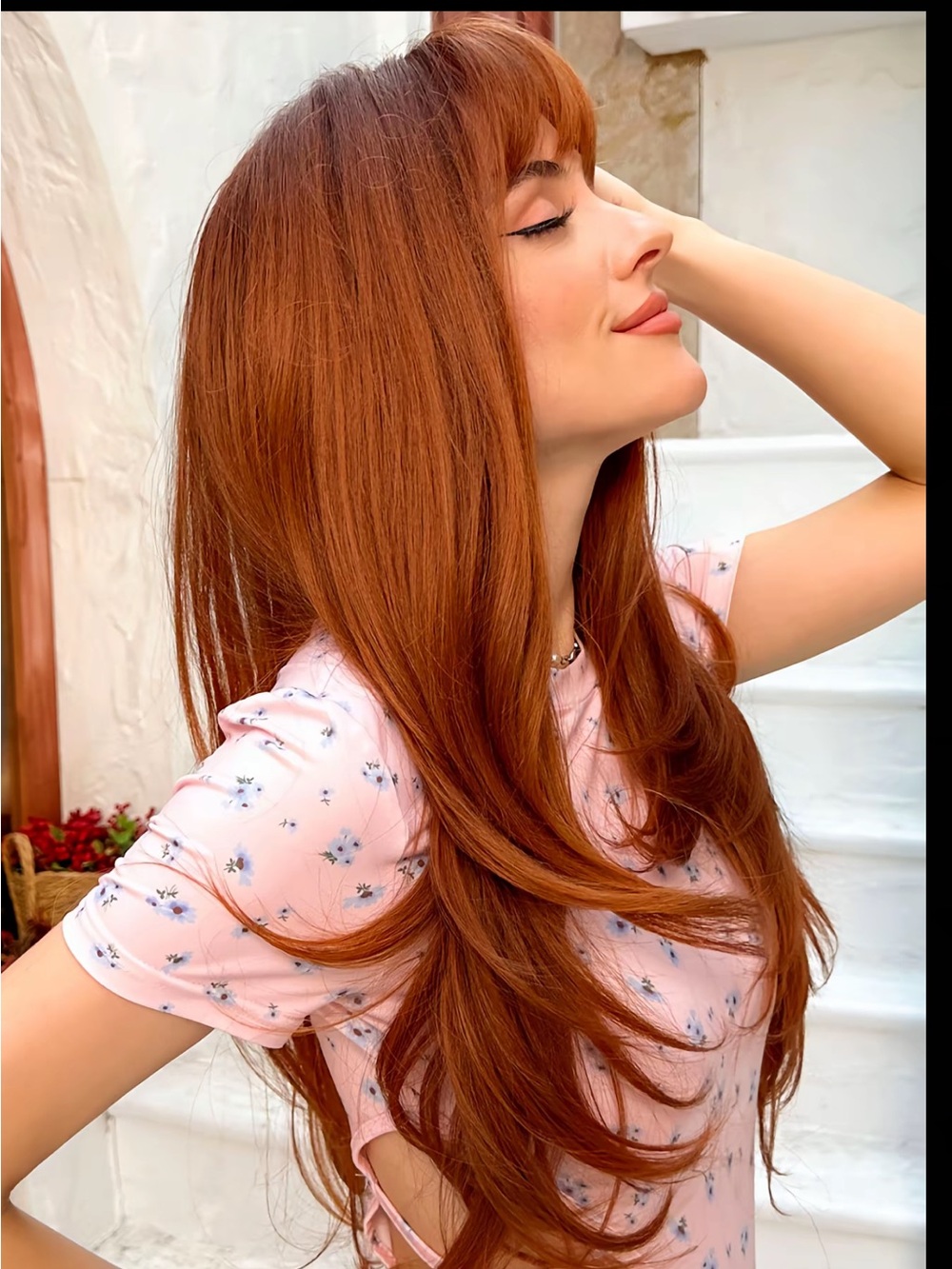 Long Layered Women's Wig with Fringe - Copper Red - Picture 5 of 7
